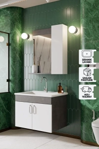 Gümüş 65 Cm Lavabolu Banyo Dolabı Retro Gümüş-beyaz Seramik Lavabo Dahil